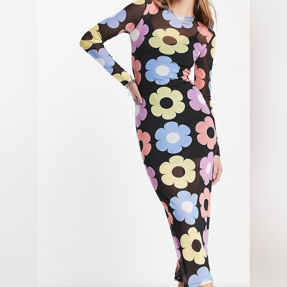 ASOS design long sleeve mesh midi dress large retro floral print